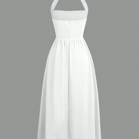 White Casual Women's Vacation Hanging Neck Elegant Long Dress - Picture 7 of 11